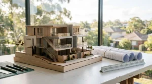 Modern duplex architectural model with rolled blueprints, drafting tools, and scale ruler on a design studio desk representing residential architecture, home planning, and property development