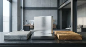 Concrete, brushed stainless steel, and natural wood material samples on a modern interior design workspace