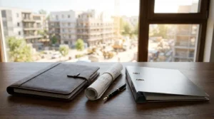 Construction project documents, architectural blueprints, binder, and notebook on an office desk overlooking a residential development site representing project management and real estate planning.