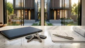 House keys, architectural plans, and a folder on a marble kitchen island overlooking a newly completed modern duplex entrance