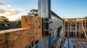 Close-up of a timber beam connected to a structural steel beam with bolted hardware at an active commercial construction site