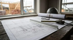 Architectural construction drawings with a ruler, tape measure, hard hat, and rolled plans on a workbench inside a building under construction
