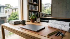 Architect's home office desk with a laptop, rolled architectural plans, drafting tools, and books in a modern workspace