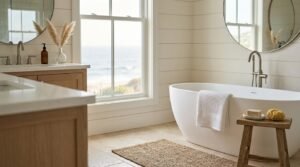Ocean or beach view visible through the window, creating a relaxing coastal atmosphere.