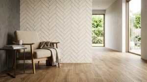 Modern interior featuring wood-look flooring, a herringbone tile accent wall, and a cozy lounge chair beside large windows.