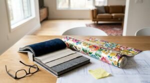 Interior design material samples, wallpaper swatches, and fabric selections displayed on house plans during home renovation planning.
