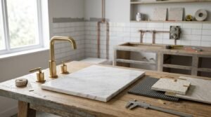 Bathroom remodeling materials including marble slab, brass faucet, tile samples, and measuring tools displayed on a workbench during renovation planning.