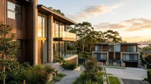 Modern luxury duplex homes in a premium residential neighborhood showcasing contemporary architecture, landscaped gardens, and high-end real estate at sunset
