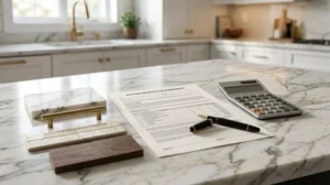 Modern white kitchen with a marble countertop displaying a kitchen renovation contract, calculator, pen, cabinet hardware samples, tile, and wood finish for home remodeling planning