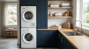 Modern laundry room with stacked washer and dryer, navy blue cabinets, wood countertop, sink, and open shelving with folded towels