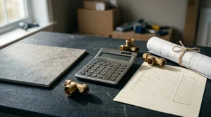 Laundry room renovation cost planning with calculator, plumbing fittings, tile sample, blueprints, and budget checklist