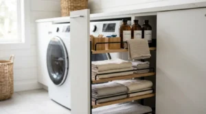 Slim pull-out laundry cabinet with built-in shelves for towels, detergents, and laundry essentials beside a front-load washer