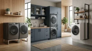Three modern laundry room installation configurations featuring side-by-side, stacked, and wall-mounted washing machine layouts with custom cabinetry and storage solutions