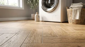 Modern laundry room with wood-look tile flooring, front-loading washing machine, woven laundry basket, and natural daylight