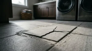 Cracked porcelain floor tiles in a modern laundry room showing damaged flooring caused by impact or structural movement