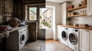 Before and after laundry room renovation transforming an outdated stone utility room into a bright modern laundry space with custom white cabinets, wood countertops, open shelving, and front-load washer and dryer