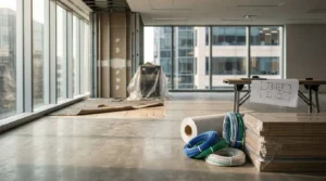 Office renovation in progress with electrical cables, drywall panels, and construction materials inside a modern commercial workspace