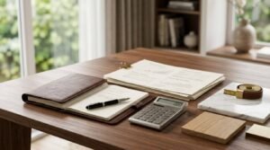 Notebook, calculator, measuring tape, renovation plans, and material samples on a wooden table, representing home renovation budgeting and project planning.