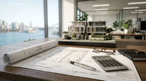 Duplex construction blueprints with architectural floor plans, calculator, pen, and scale model on an office desk representing residential design, cost planning, and real estate development