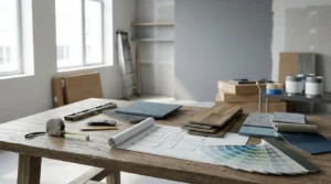 Office renovation planning with flooring samples, blueprints, paint color swatches, and construction tools in a modern workspace