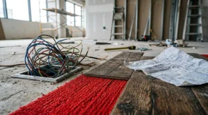 Office renovation planning mistakes with exposed electrical wiring, flooring installation, and construction blueprints in a commercial workspace