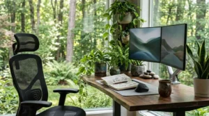 Bright biophilic home office with a black ergonomic mesh chair, a live-edge wood desk, dual monitors on adjustable arms, an ergonomic mouse, open notebook, ceramic mug, and several houseplants beside floor-to-ceiling windows overlooking a lush forest