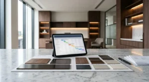 Modern office renovation planning workspace with a tablet displaying a project timeline beside interior finish samples, including wood, metal, fabric, and paint swatches, set against a contemporary office with built-in shelving and large windows