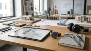 Office renovation project planning workspace with a tablet displaying a project schedule, architectural models, blueprints, material samples, measuring tools, notebook, headphones, and a wristwatch on a wooden desk in a modern design studio