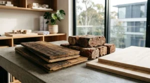 Reclaimed wood planks, recycled bricks, and plywood samples displayed on a concrete table in a modern architecture and sustainable interior design studio