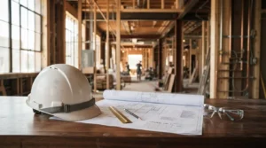 Commercial renovation project with a hard hat, architectural plans, safety glasses, and construction site in progress