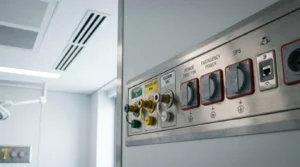 Hospital treatment room with a medical service panel featuring oxygen, medical air, vacuum, electrical outlets, emergency power, UPS, and data connections, highlighting the specialised infrastructure required for healthcare facility fit-outs