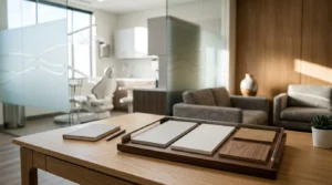 Modern dental office consultation room featuring a wood table with countertop, solid surface, wood, and fabric material samples, with a treatment area and frosted glass partition in the background