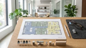 Color-coded dental clinic floor plan displayed on a wooden desk with miniature furniture models, glasses, and a pen in a modern office