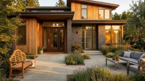 Modern luxury duplex home exterior with contemporary architecture, landscaped front patio, and outdoor seating area showcasing premium residential design at golden hour