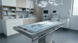 Modern veterinary surgical suite with an operating table, surgical instruments, and advanced medical equipment