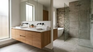 Modern bathroom featuring a floating double vanity, frameless glass shower, freestanding bathtub, and natural stone accent wall.