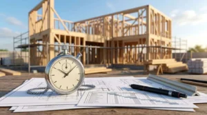 Stopwatch on architectural blueprints with a wood-framed house under construction in the background