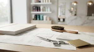 Salon renovation planning materials with architectural blueprints, design samples, scissors, and a cleaning brush on a workspace