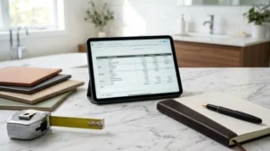 Bathroom renovation planning workspace with tablet displaying project estimate, material samples, measuring tape, and notebook on a marble countertop