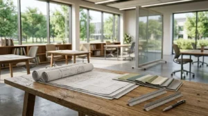 Educational facility renovation planning with architectural blueprints, classroom design materials, fabric samples, drafting tools, and a modern collaborative learning environment