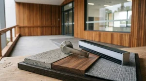 Commercial building material board with wood, concrete, fabric, door hardware, and linear lighting samples for modern architectural renovation design