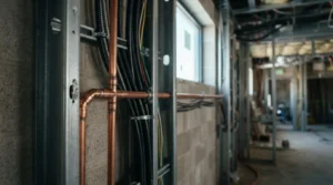 Commercial MEP installation with copper plumbing pipes, electrical conduit, and steel framing inside a building under construction