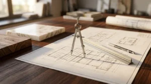 Architectural blueprint with drafting compass, scale ruler, and mechanical pencil on a wooden desk