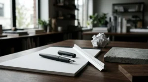 Fountain pen, architectural scale ruler, and material samples on a modern architect's workspace