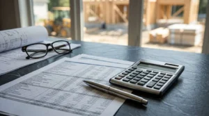 Construction budget spreadsheet with calculator, blueprints, and pen on an office desk overlooking a residential building site representing project budgeting, cost estimation, and construction planning