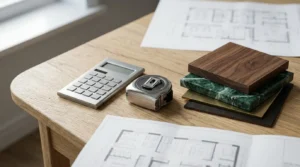 Calculator, tape measure, floor plans, and interior material samples on a renovation planning desk