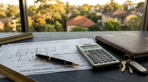 Duplex development financial strategy documents with architectural plans, calculator, notebook, and keys on a desk overlooking a residential neighbourhood