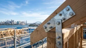 Close-up of a timber roof truss connection secured with galvanized steel plates and bolts at a commercial construction site overlooking a city skyline