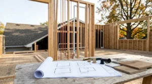 Residential home construction site with timber wall framing, plumbing rough-ins, architectural plans, finish samples, and fixture selections on a workbench