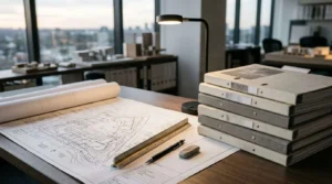 Architectural blueprints, drafting tools, and organized project binders on a modern architect's office desk